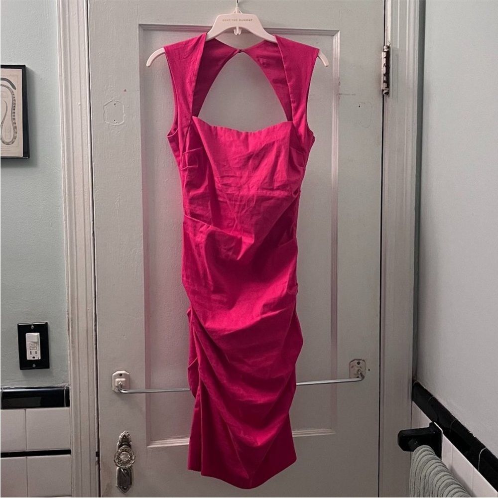 Nicole Miller Artelier Linen Square Neck Dress, Size 6, Berry Pink